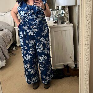 Bloom Chic U Neck Navy Floral Cap Sleeve Ruffle Trim Wide Leg Jumpsuit 3X 22 24